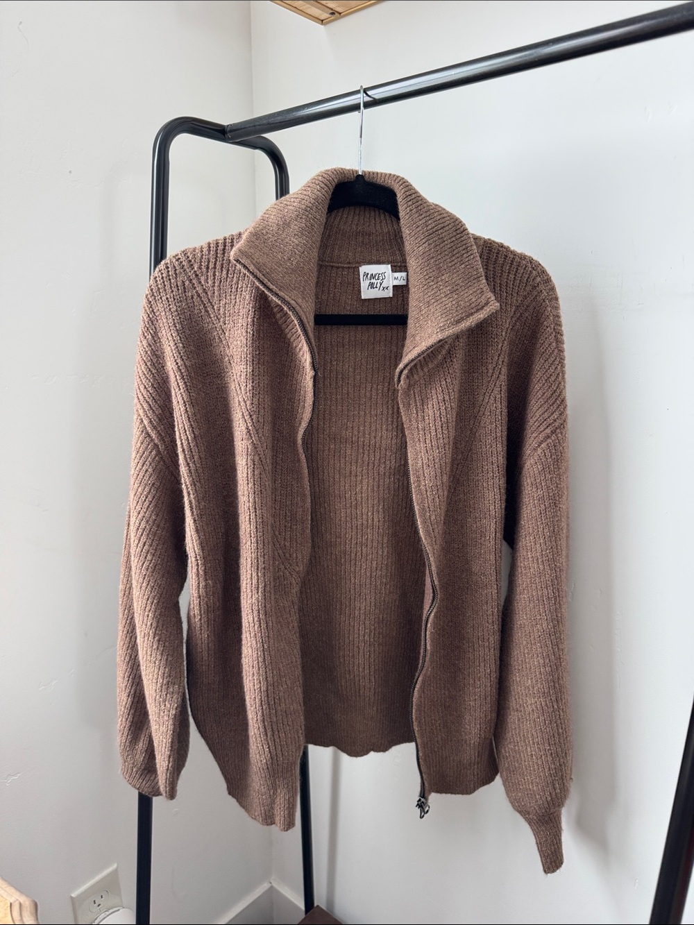 Brown Ribbed Zip Cardigan Sweater